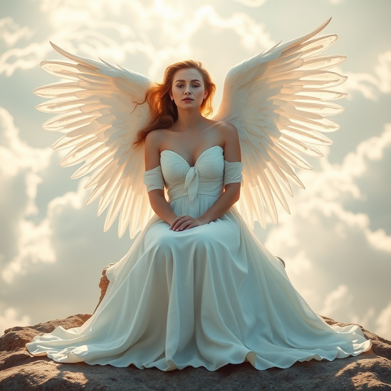 a serene angelic figure with large, flowing wings sitting gracefully, wearing a flowing white gown, softly lit with ethereal clouds in the background, captured with a DSLR camera at f/1.8, ISO 100, 50mm lens, in soft natural light, using a portrait style view for depth and focus