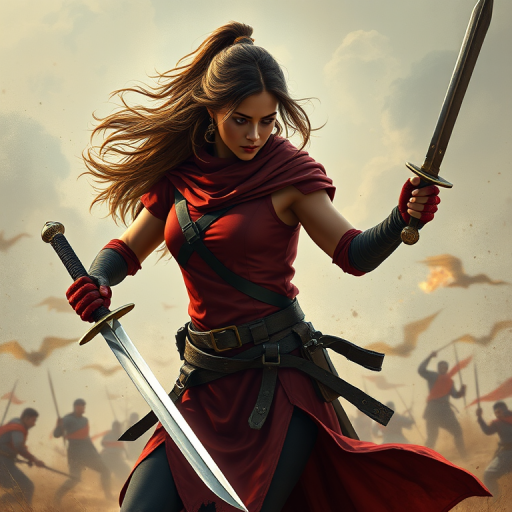 portrait of a Woman, she is in a combat stance holding two swords in each hand, she is in the middle of a battlefield
