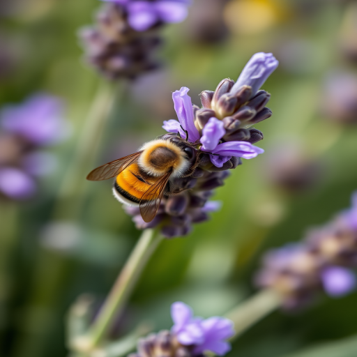 Capture a close-up shot of a bee on a lavender flower with a shallow depth of field, using a DSLR camera, aperture f/2.8, shutter speed 1/500 sec, ISO 200, natural light in soft focus for enhanced details.