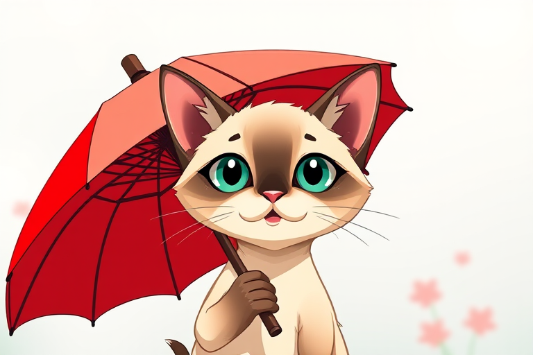 Create a high-resolution cartoon image of a Siamese cat holding a red umbrella, front view, with vibrant colors and smooth lines, using a DSLR camera, aperture f/2.8, ISO 100, 50mm lens for sharp detail.