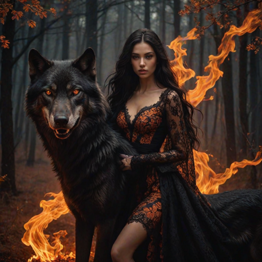 A woman with long dark hair, wearing a black lace dress that seamlessly blends into her skin with intricate floral patterns. She is in the foreground, with a black wolf beside her; its fur is midnight black, and it has glowing, intense, orange eyes that match hers. Her eyes are partially closed with burning embers above them, giving a fiery and mystical aura. The background is engulfed in tall, roaring flames, contributing to an overall dark and supernatural atmosphere. The colors are intense, predominantly black, fiery orange, and deep reds, with sharp contrast highlighting the mysterious and fierce theme. The flames are bright and dynamic, casting dramatic light and shadow, illuminating the woman and wolf while leaving parts in near darkness. The image evokes a sense of otherworldly power and connection between the woman and the wolf.
