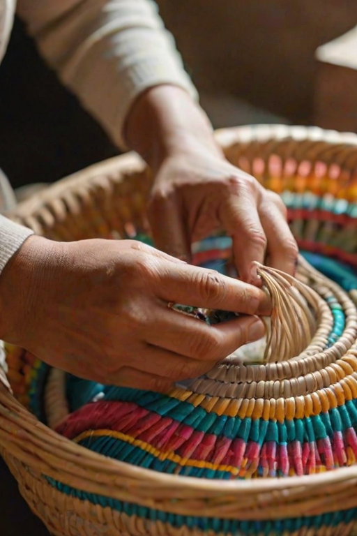Close-up of a woman’s hands weaving a traditional basket, with colorful materials surrounding her, and soft light illuminating her focused expression, showcasing craftsmanship and skill.