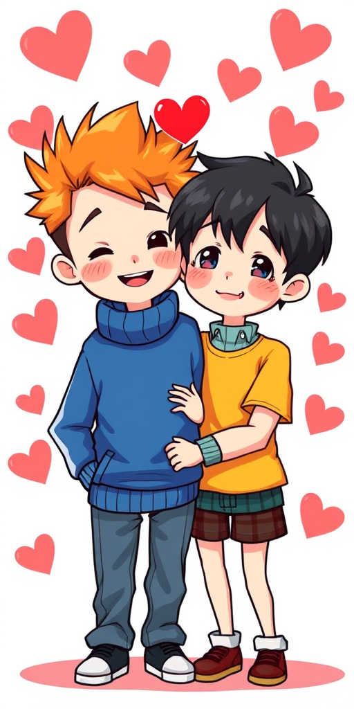 Create a colorful illustration of two cartoon characters, one with spiky orange hair wearing a blue sweater and the other with short black hair in a yellow shirt, standing close together with cheerful expressions, surrounded by red hearts, using a high-resolution digital format, with a focus on vibrant colors and smooth lines, taken with a digital camera at f/5.6 aperture, 1/250 sec shutter speed, and ISO 200.