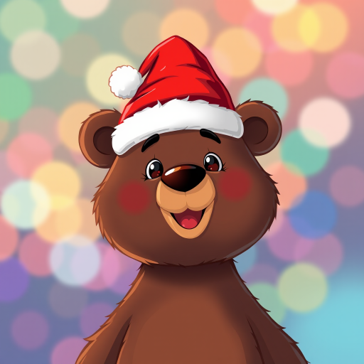 Create an illustration of a cartoon bear wearing a Santa hat against a colorful, blurred background, shot with a Canon EOS R5 at f/2.8, ISO 100, 50mm lens, using a vibrant, playful style to enhance the image quality.