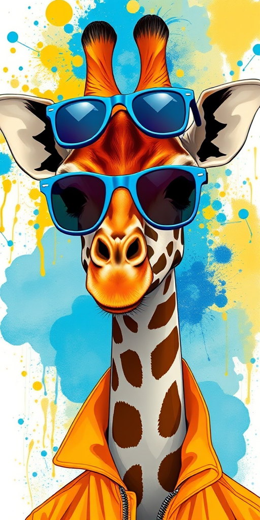 Create a vibrant digital illustration of a giraffe wearing oversized blue sunglasses and a stylish orange jacket, with a colorful abstract background featuring splashes of blue and yellow, using a Canon EOS R5 with a 50mm lens, Aperture f/1.8, shutter speed 1/200s, ISO 100 for enhanced detail and clarity.