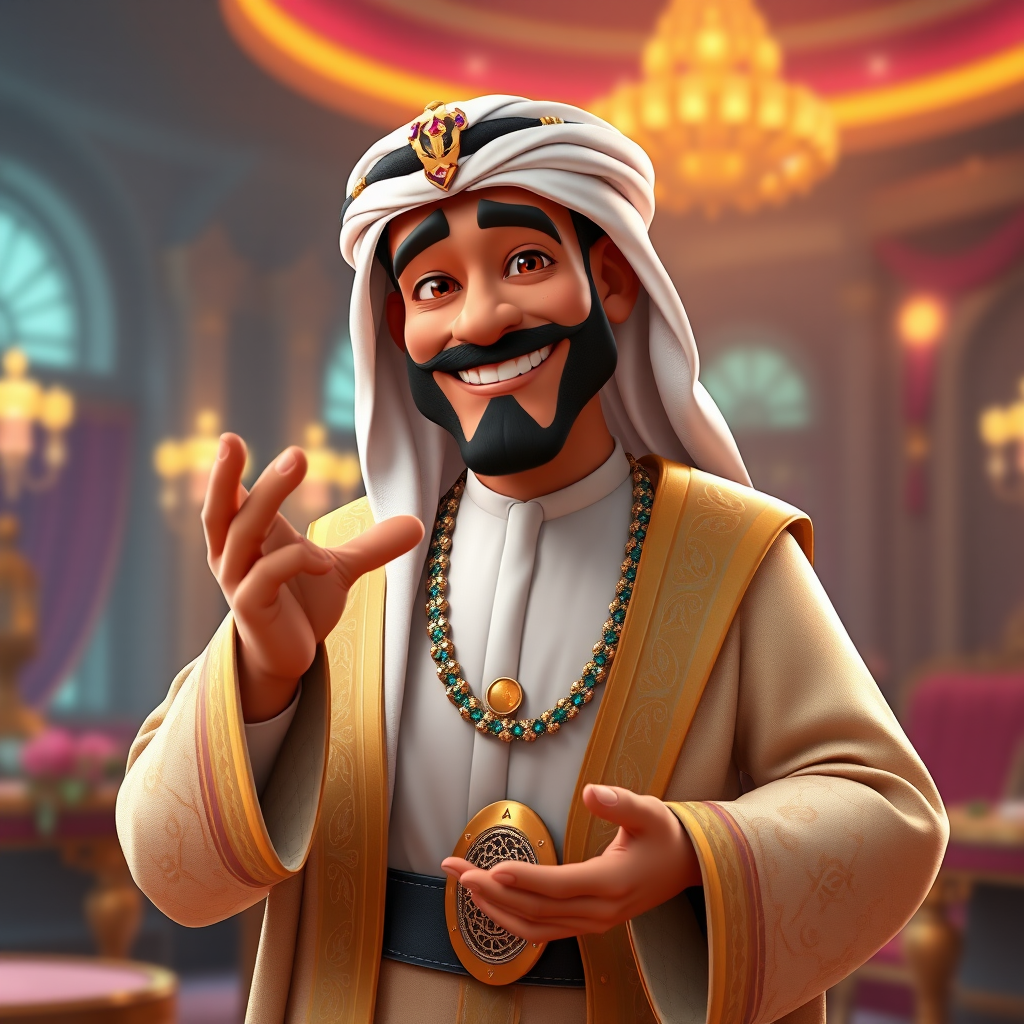 Create a 3D rendering of a wealthy Arab male sheikh from Dubai, inspired by the Disney animation style. The sheikh must have a smile and a playful but wise character. Place your character in an atmosphere of wealth and luxury. The image must be in high resolution format. Dynamic pose above the waist, gesturing with hands (Pixar Art style)++ highly detailed digital painting, art stations, concept art, soft focus, hard focus, illustrations. cinematic, visual effects, HDR, Unreal Engine 5, ray tracing, soft light, 8k, high detail, sparkling backlighting, luxury gem, game art, 3d, cartoon, colorful, magical, mysterious