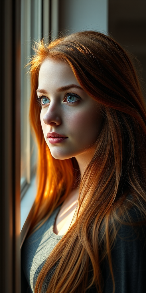 portrait of a young woman with long red hair gazing out a window, natural light filtering through with soft shadows, f/1.8 aperture, ISO 100, 50mm lens, taken with a full-frame DSLR camera, warm tones and high detail.