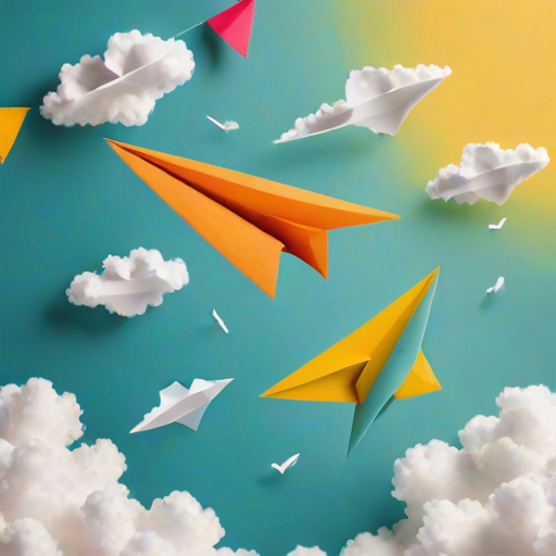 create a vibrant yellow background with fluffy white clouds at the bottom and colorful paper airplanes shaped like hearts flying in the sky