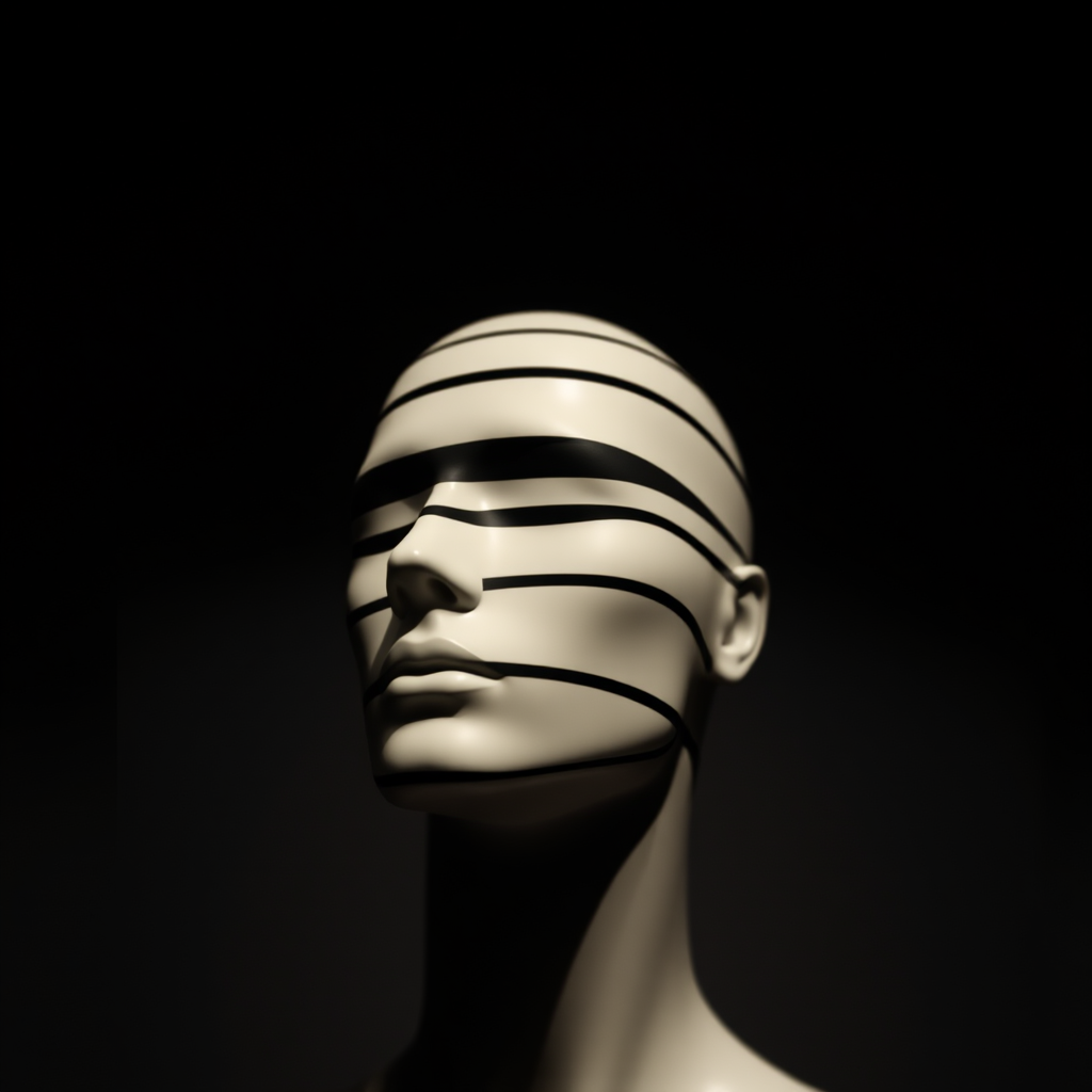 Create a high-resolution image of a stylized mannequin head with horizontal lines overlaying it in a dark setting, using a DSLR camera with a 50mm lens, aperture f/1.8, ISO 100, and a shallow depth of field.