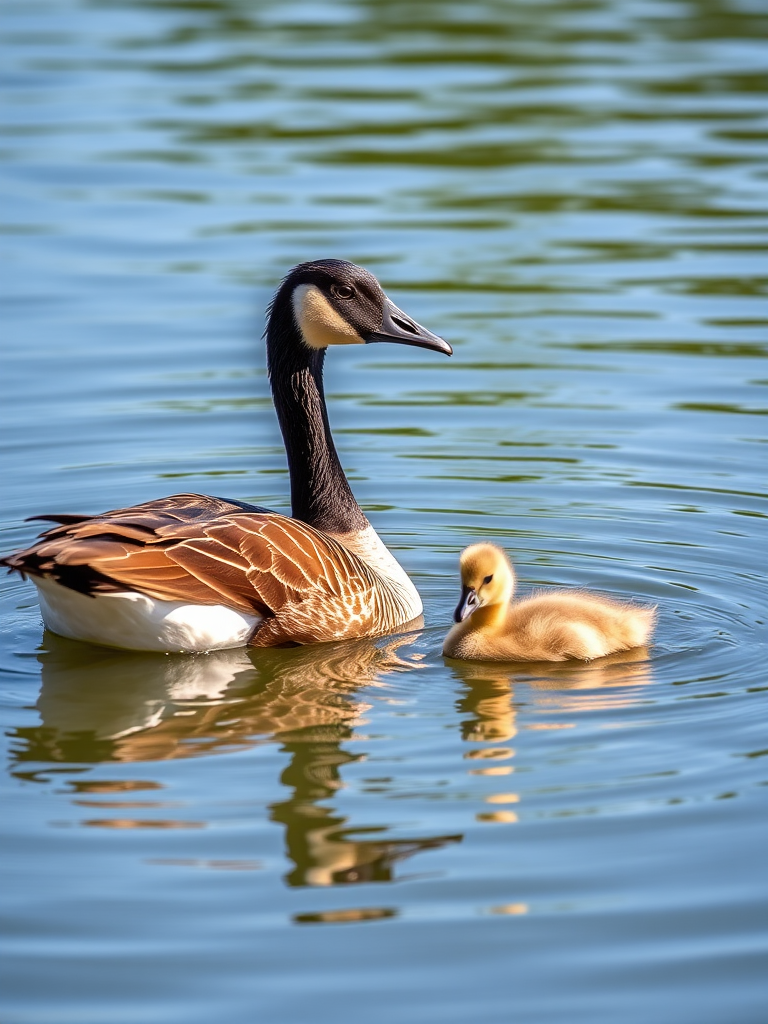 a mother goose swimming with her gosling in a serene pond, natural lighting, focal length 70mm, aperture f/5.6, shutter speed 1/250s, ISO 200, DSLR camera, shallow depth of field, vibrant colors