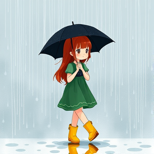 Create an illustration of a girl with red hair walking in the rain, holding a black umbrella, wearing a green dress and yellow rain boots, with raindrops falling around her in a minimalistic style, DSLR camera settings: f/2.8, ISO 100, shutter speed 1/250s, camera view: eye-level, camera style: artistic, camera type: digital artwork.