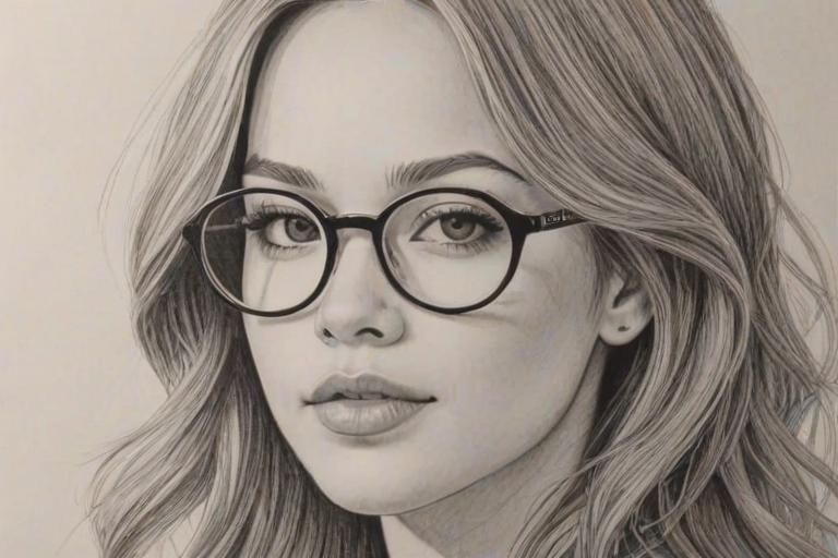 Magnificent Kelli Berglund, pencil sketch, portrait of Exquisite woman 1966s in glasses, hair style beatnik, outline, clear lines, fine lines, 8k