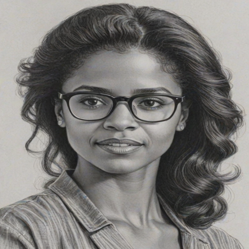 Pleasing Renee Elise Goldsberry, pencil sketch, portrait of Charming woman 1980s in glasses, hair style beatnik, outline, clear lines, fine lines, 8k