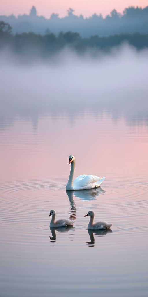 Create a serene landscape of a misty lake featuring a white swan and four cygnets swimming gracefully, with soft pastel tones and gentle ripples on the water, captured with a Canon EOS 5D Mark IV at f/4, ISO 100, shutter speed 1/200s, landscape view at dawn for enhanced image quality.