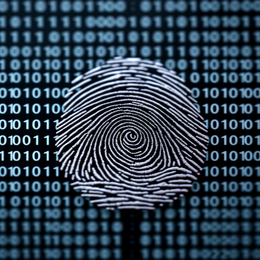 Generate a high-resolution digital artwork of a fingerprint surrounded by a binary code background, using a 50mm lens aperture f/2.8, ISO 100, with a focus on macro detail, taken from a top-down perspective using a DSLR camera.