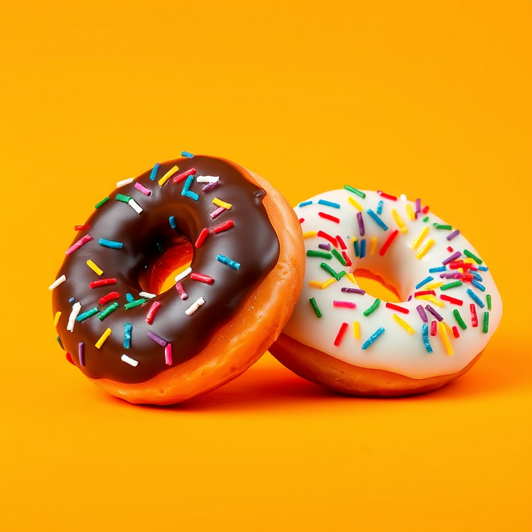 Create a high-resolution illustration of two donuts, one with chocolate icing and colorful sprinkles, the other with white icing and rainbow sprinkles, set against a bright orange background, using a Canon EOS R5 camera, f/4 aperture, 50mm lens, and natural lighting to enhance details and colors.