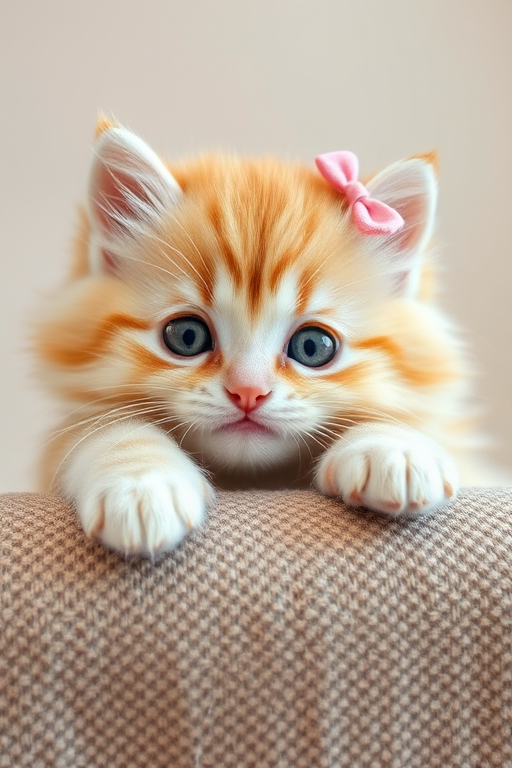 Create an image of a fluffy light orange and white kitten with big eyes resting its paws on a textured surface. The kitten should have cute pink bows on its head, adding a playful and adorable touch to the scene. The background should be soft and neutral, emphasizing the kitten's features.