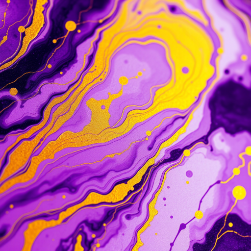 create an abstract image of fluid purple and gold watercolor patterns with intricate swirls and splashes, using a Canon EOS R5 with a 50mm lens, aperture set to f/2.8, ISO 100, and a shutter speed of 1/125s, captured from a close-up perspective to enhance the texture and vibrancy of colors