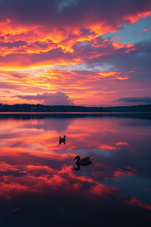 Generate a landscape image of a serene lake at sunset with vibrant orange and purple clouds reflecting in the water, featuring ducks swimming, captured with a DSLR camera at ISO 100, f/8 aperture, 1/125 sec shutter speed, using a wide-angle lens at a 24mm focal length for a dramatic atmosphere.