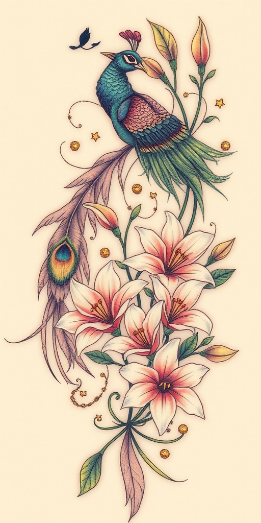 Art nouveau-inspired tattoo titled "Whimsical Whispers" featuring flowing, organic lines and natural motifs such as peacock feathers and lilies, with delicate pastel colors and gold leaf accents