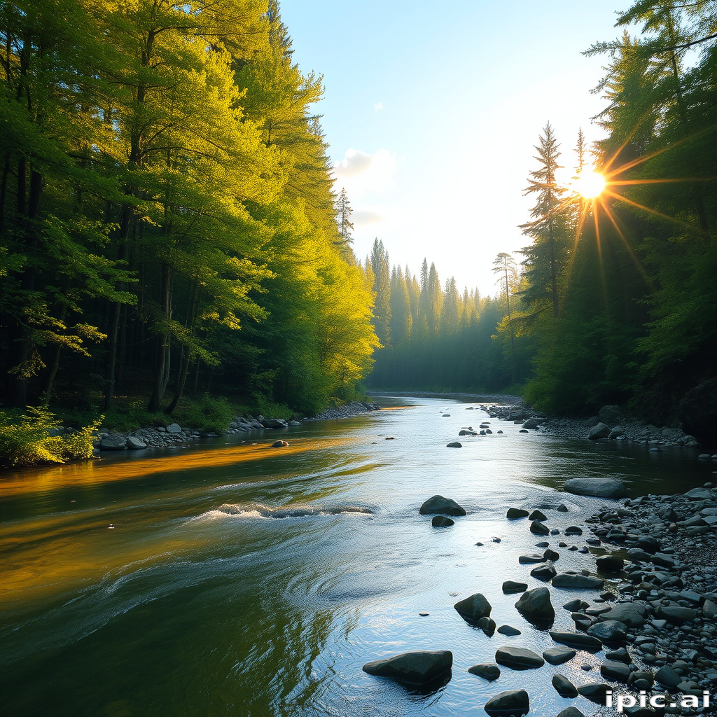 Create an image of a serene, sunlit forest scene with a clear, gently flowing river. Tall trees with lush green foliage line both sides of the river, their leaves bathed in the warm golden light of the setting or rising sun. The sunlight filters through the trees, casting soft, dappled light on the river, which flows over smooth rocks and pebbles, creating a peaceful, natural atmosphere. The sky is bright with a few scattered clouds, and the overall mood is tranquil, evoking a deep sense of connection with nature. The image captures the beauty of a calm, pristine forest landscape at either dawn or dusk.