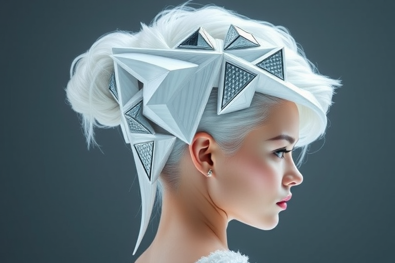 Icy white hair sculpted into an avant-garde, architectural updo with geometric shapes and metallic silver accents, embodying the futuristic "Frost Fusion" style