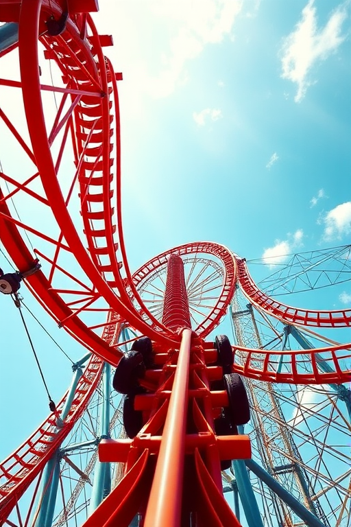 Create a high-resolution digital illustration of a roller coaster with intricate geometric patterns, captured from a low angle view using a DSLR camera with a 50mm lens at f/2.8, 1/500s shutter speed, and ISO 100 for enhanced clarity and vibrant colors.
