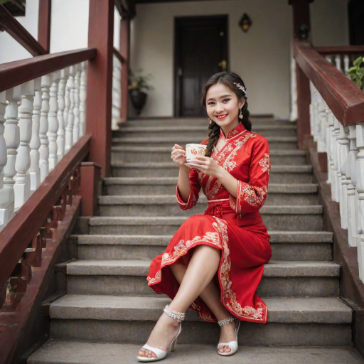 Chinese girl with a sweet smile wearing a red shivalai Thai dress, diamond jewelry, braided hair, holding a cup of hot coffee, wearing white high heels, standing on the stairs, Thai style house.