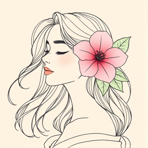 Create a delicate line art illustration of a woman with flowing hair, adorned with a large pink flower and subtle green leaves, set against a soft beige background, captured using a Canon EOS R5 with a 50mm f/1.2 lens, aperture set to f/2.8 for a shallow depth of field, and a soft diffused lighting style to enhance the image quality.