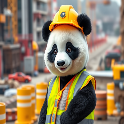 The image is a high-resolution photograph of a charming panda named Huahua, depicted standing on a bustling construction site. Huahua has her distinctive black and white fur, and she is dressed in a bright yellow construction helmet and a reflective safety vest, adding to her professional appearance. The helmet has a small logo on the front, and the vest is detailed with reflective stripes, creating a realistic construction look.