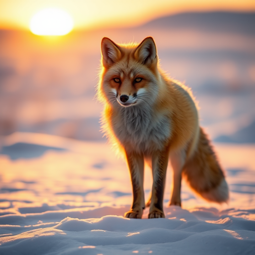 Arctic fox standing on a snowy landscape at sunset, soft golden light illuminating the fur, captured with a Canon EOS R5, 50mm lens, aperture f/1.8, ISO 100, shot at sunset for warm tones and high dynamic range.