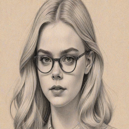 Fascinating Elle Fanning, pencil sketch, portrait of Fetching woman 1942s in glasses, hair style beatnik, outline, clear lines, fine lines, 8k