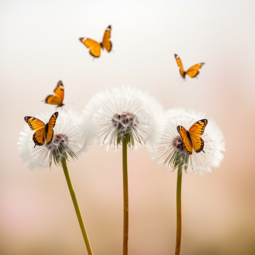 Create a high-resolution image of three dandelions with delicate pastel colors, a soft background, capturing butterflies gently flying around them, shot with a Canon EOS R5 using a 50mm f/1.8 lens at ISO 100, f/2.8, and natural light for enhanced detail and clarity.