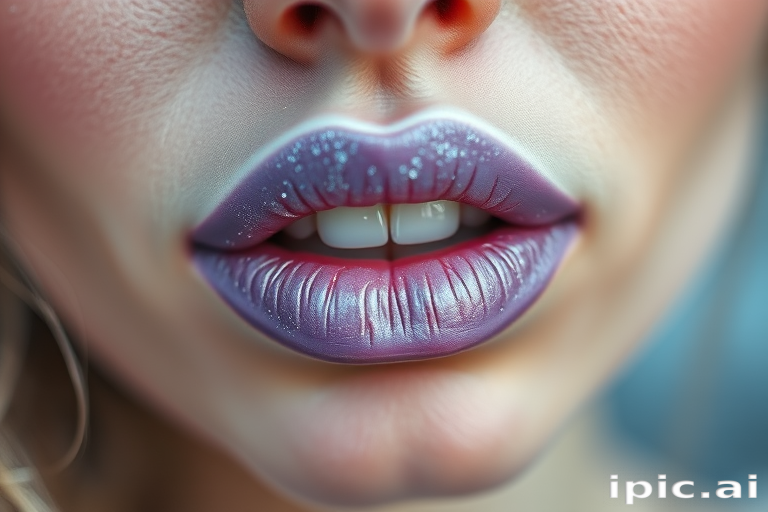 Frosted lavender lips with a pearlescent sheen, reminiscent of winter frost, creating a delicate and ethereal look for a fairy-tale inspired costume