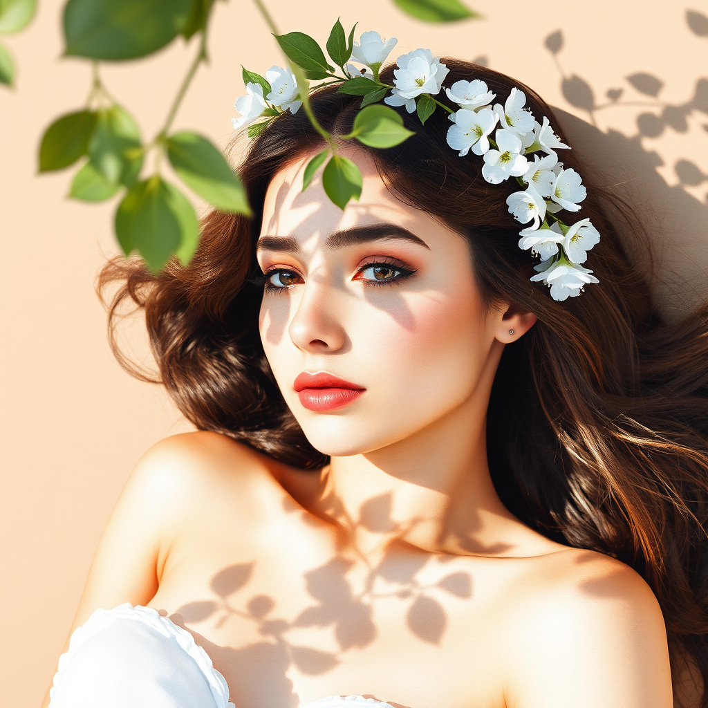 create a watercolor painting of an ethereal portrait of beautiful Sephardic woman with a simple white flower crown on her head. Her hair is long and she is lying on the ground. The sunlight on the trees casts shadows from the leaves on her face and body. The background is a neutral brown color that matches her skin tone. The image is minimalist and solid colors. This style is characterized by soft, delicate brushstrokes and a light, airy, contrasting color palette. High level of detail and play of light