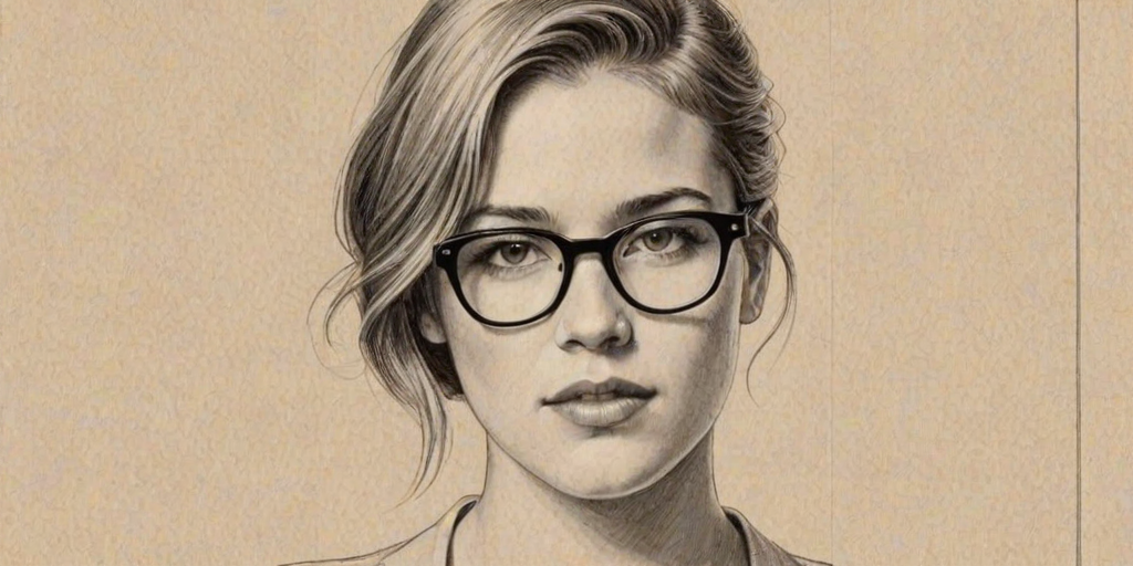 Enticing Cody Horn, pencil sketch, portrait of Captivating woman 1927s in glasses, hair style beatnik, outline, clear lines, fine lines, 8k