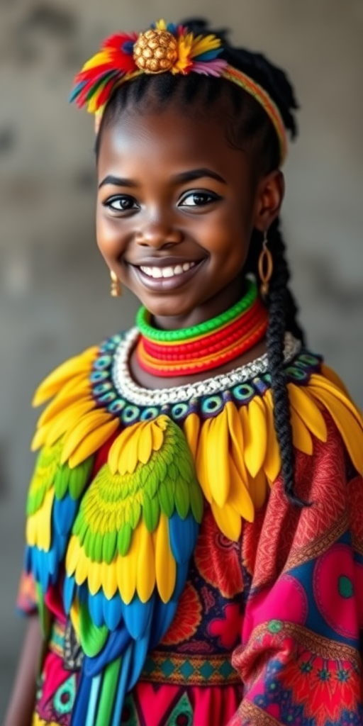 A beautiful Garifuna girl, wearing colorful bird clothing with vibrant colors