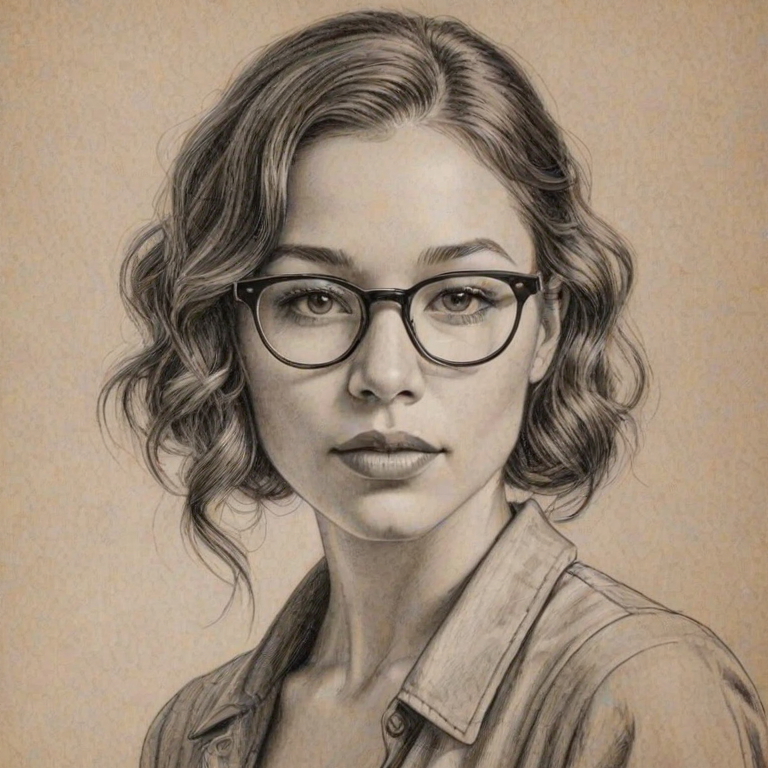 Enchanting Jessica Parker Kennedy, pencil sketch, portrait of Lovely woman 1925s in glasses, hair style beatnik, outline, clear lines, fine lines, 8k