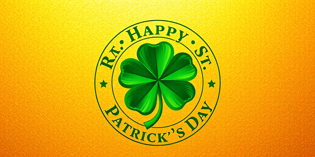 Create a vibrant St. Patrick's Day design featuring a green shamrock at the center with a circular border that reads "Happy St. Patrick's Day" in an elegant font, set against a textured golden background, captured with a DSLR camera at ISO 100, f/5.6 aperture, 1/125 sec shutter speed, with a shallow depth of field effect and warm lighting.