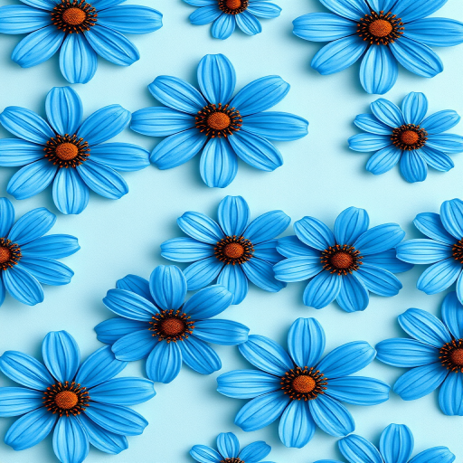 create a seamless pattern of stylized blue flowers with brown centers on a light blue background, using a professional DSLR camera with a 50mm lens, aperture f/2.8, ISO 100, shot in natural light for enhanced color vibrancy and detail.