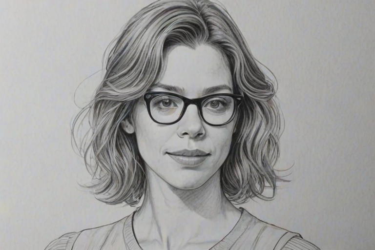 Lovely Tessa Ferrer, pencil sketch, portrait of Charming woman 1978s in glasses, hair style beatnik, outline, clear lines, fine lines, 8k