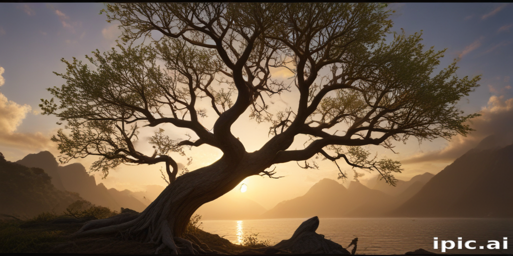 Majestic Tree Silhouette Against a Stunning Sunset Over Serene Mountains