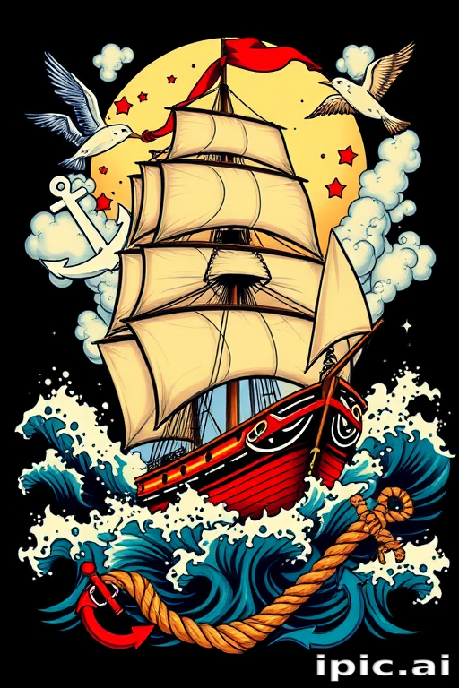 Bold traditional American tattoo style piece called "Sailor's Destiny" showcasing a vibrant full-color sailing ship battling stormy seas surrounded by classic nautical elements such as anchors swallows and rope thick black outlines and saturated primary colors pay homage to vintage tattoo artistry while incorporating modern techniques for enhanced depth and detail