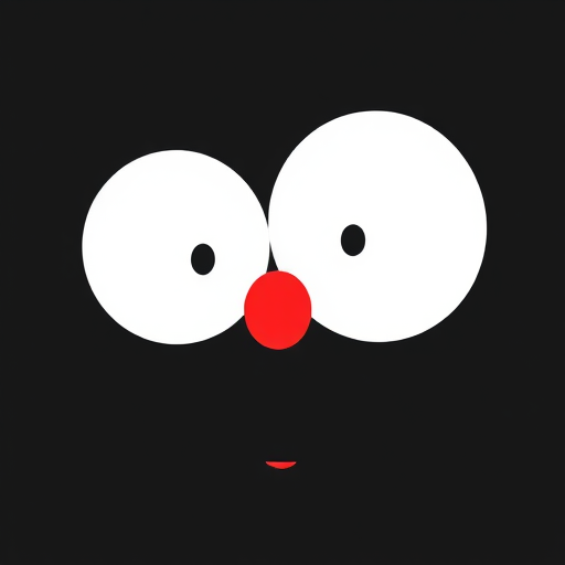 Create a minimalist cartoon-style illustration of a face with large white eyes, a red nose, and a red mouth on a solid black background, shot with a DSLR camera at f/2.8 aperture, 50mm lens, ISO 100, and a shallow depth of field to enhance image quality.