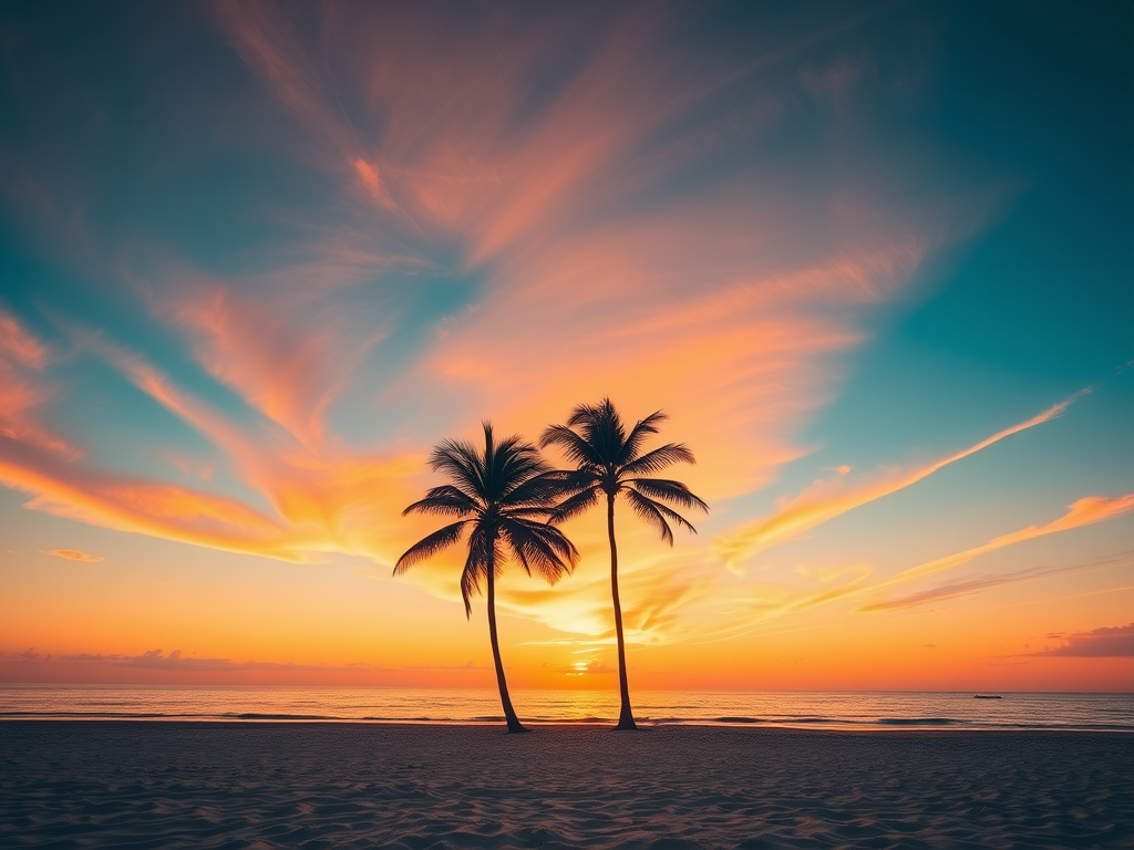 Generate a high-resolution image of a vibrant sunset over a tranquil beach with palm trees, using a DSLR camera with a 50mm lens, f/1.8 aperture, ISO 100, and a shutter speed of 1/200s, shot from a low angle to capture the reflection on the water and a wide view for an expansive sky.