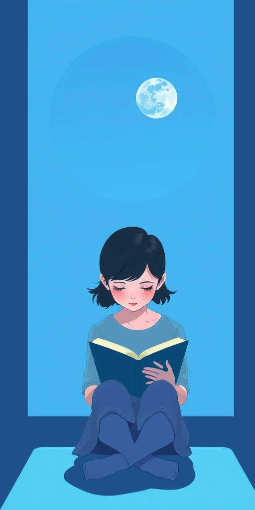 create an illustration of a girl reading a book with a blue projection of a night sky and moon behind her, captured with a 50mm lens, f/1.8 aperture, ISO 100, soft natural lighting, in a clean minimalist style, using a digital drawing technique