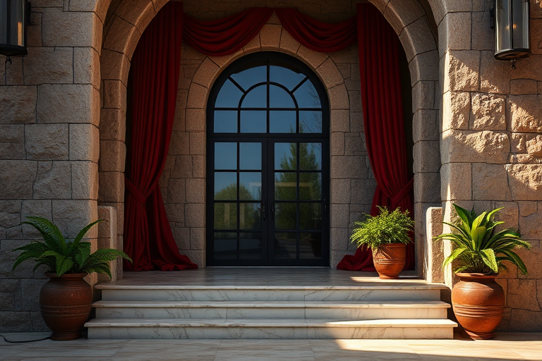 Generate a highly detailed image of a dimly lit stone archway with a large window, draped fabrics in deep red, polished marble steps, and potted greenery, using a DSLR camera with a 50mm lens, aperture set to f/1.8 for shallow depth of field, ISO 200 for low noise, and a soft, diffused natural light source to enhance shadows and textures.