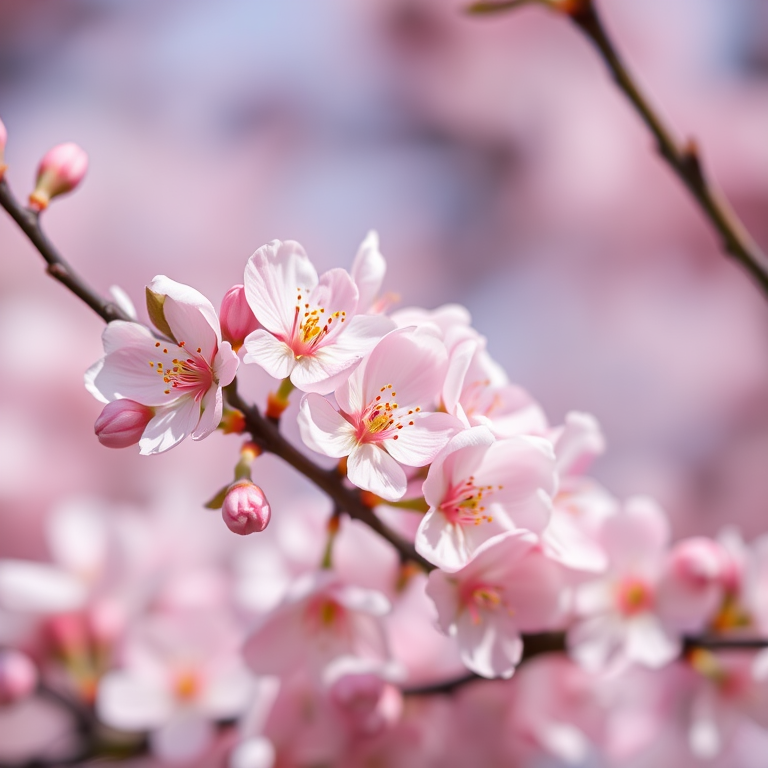 Macro shot of cherry blossoms in full bloom, shallow depth of field, f/2.8 aperture, ISO 100, 1/200 sec shutter speed, natural light, DSLR camera, soft focus background.