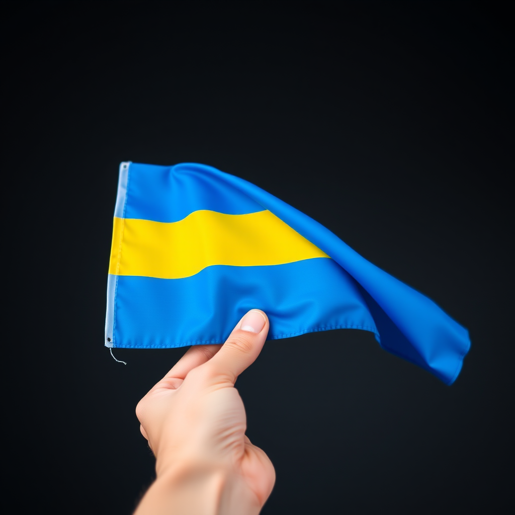 Create a high-resolution image of a hand holding a Ukrainian flag, with vibrant blue and yellow colors, using a DSLR camera at f/2.8 aperture, 1/200s shutter speed, and ISO 100, shot from a slightly elevated angle for better perspective and clarity.