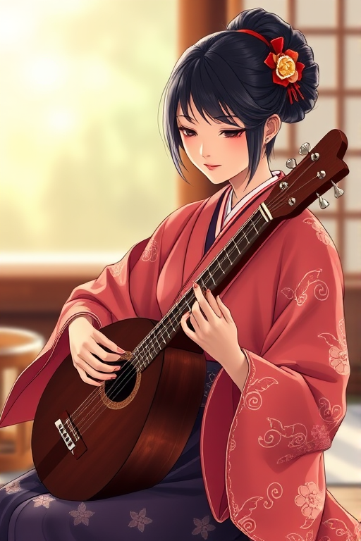Create an illustration of a Japanese woman in traditional attire playing a shamisen, seated gracefully with a serene expression, using a vintage style, high resolution, natural lighting, with a shallow depth of field for soft background blur, captured with a DSLR camera at 50mm focal length, f/2.8 aperture, ISO 100.